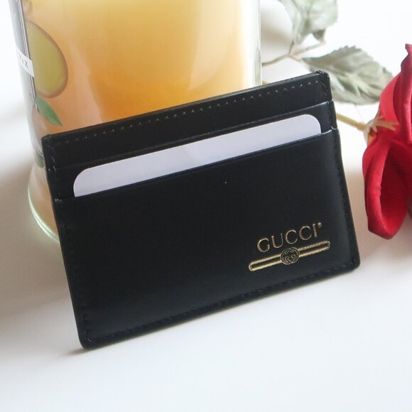 GUCCI Black Leather Card Holder Wallet Gold Logo Minimalist Designer Luxury